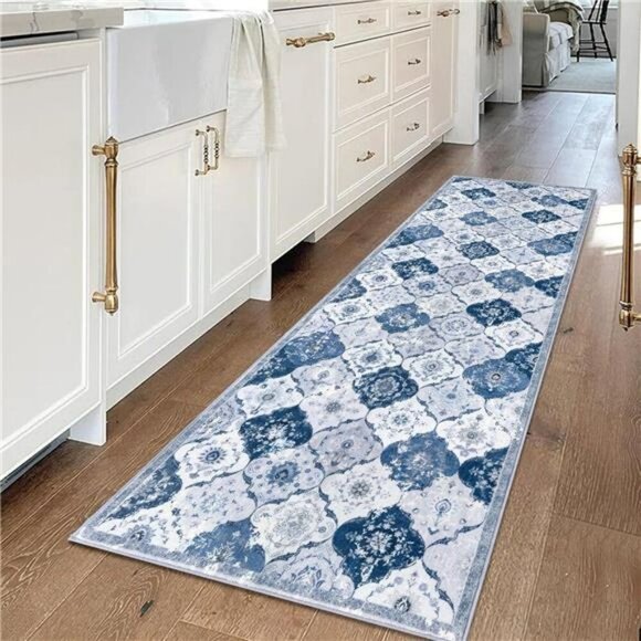 Moroccan Runner Rug 2x6 Washable Non Slip Blue Grey Boho Hallway Kitchen Mat - Picture 2 of 7
